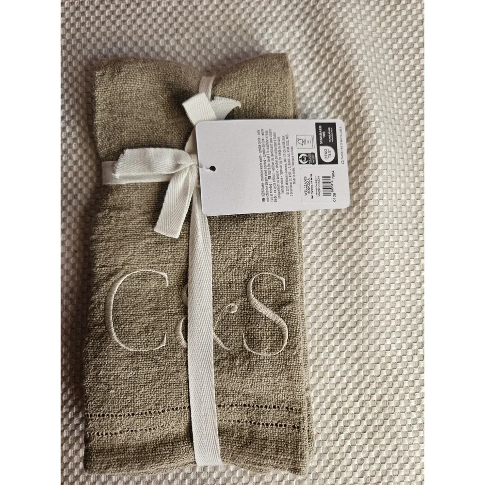 NWT Williams Sonoma Flax Linen Hemstitch Guest Towels Set of 2 Monogram C&S